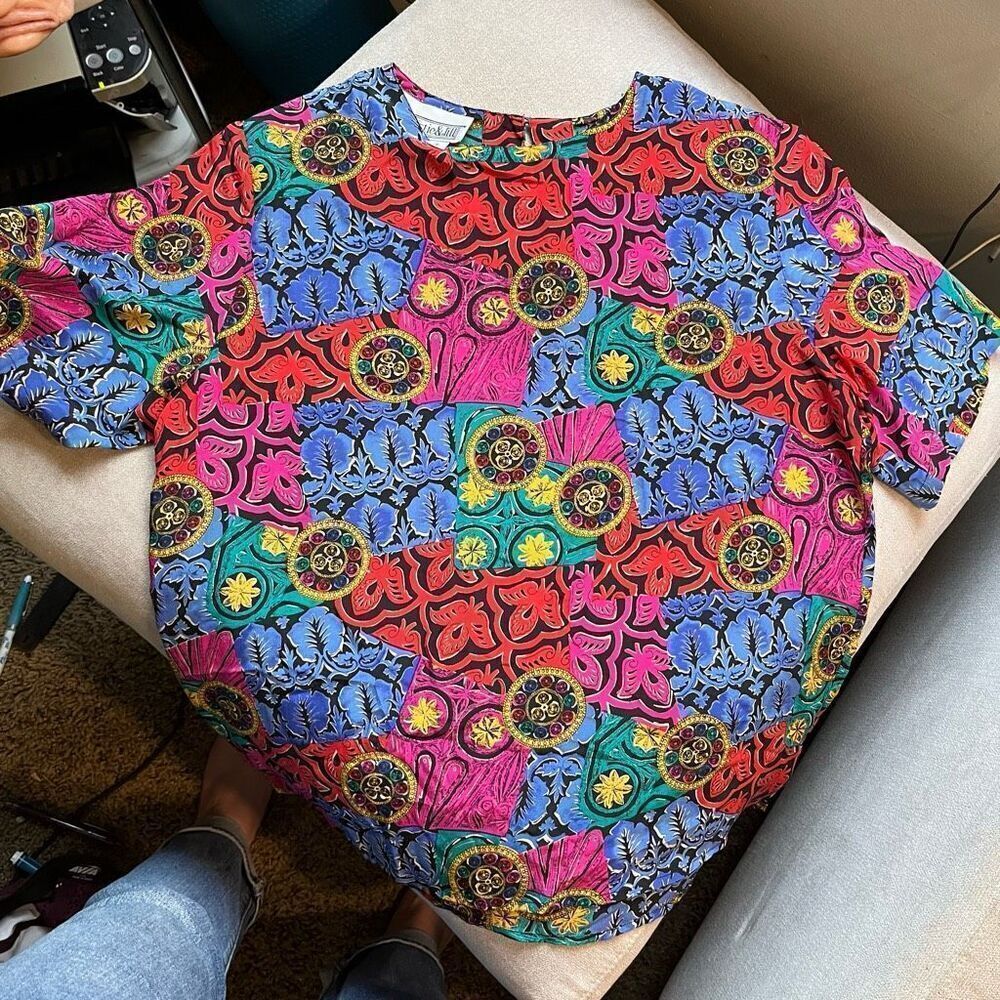 Vintage 80s 100% Silk Bright Colorful Print Sleeve, SZ L - Picture 2 of 12